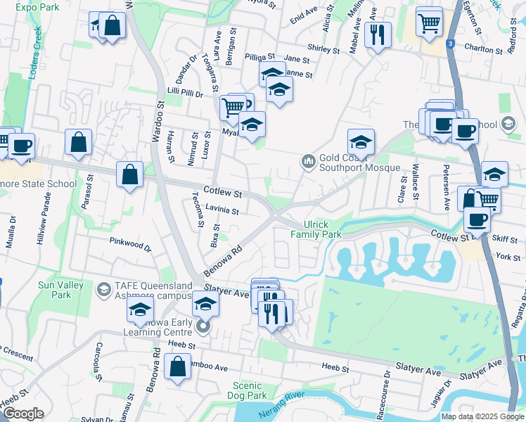 map of restaurants, bars, coffee shops, grocery stores, and more near 3 Lavinia Street in Southport