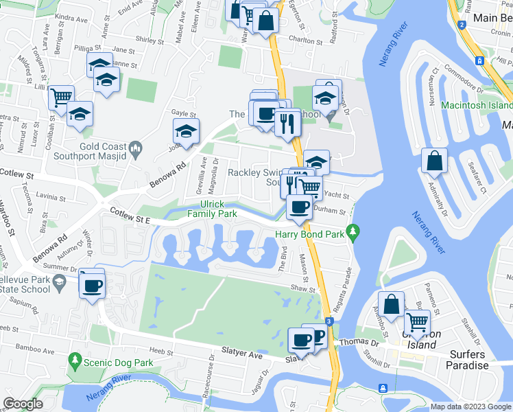 map of restaurants, bars, coffee shops, grocery stores, and more near 8 Wistaria Avenue in Southport