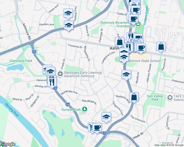 map of restaurants, bars, coffee shops, grocery stores, and more near 12 Sassafras Drive in Ashmore