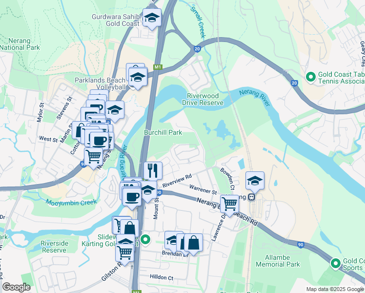 map of restaurants, bars, coffee shops, grocery stores, and more near 11 Eden Court in Nerang