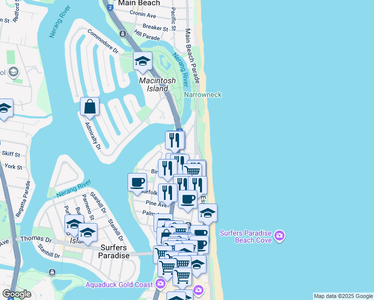 map of restaurants, bars, coffee shops, grocery stores, and more near 3355 Surfers Paradise Boulevard in Surfers Paradise