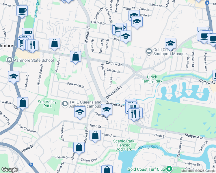 map of restaurants, bars, coffee shops, grocery stores, and more near 6 Bixa Street in Southport