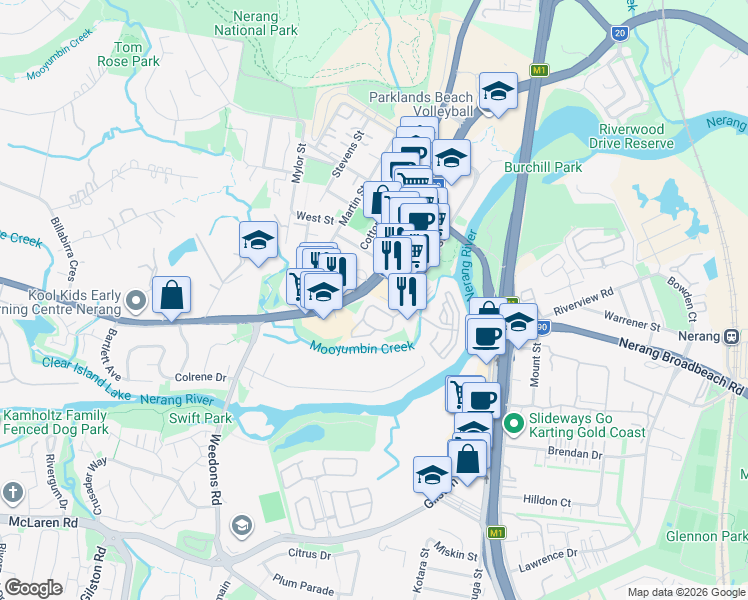 map of restaurants, bars, coffee shops, grocery stores, and more near 67 Nerang Street in Nerang