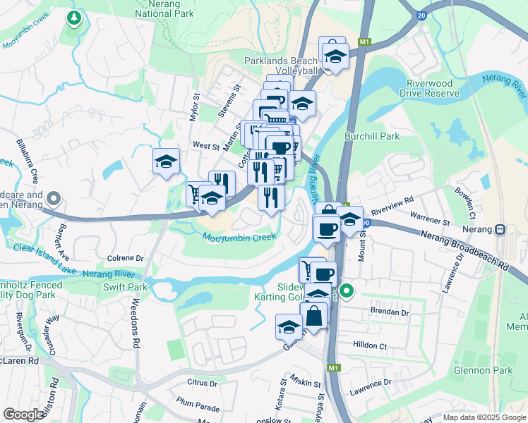 map of restaurants, bars, coffee shops, grocery stores, and more near 67 Nerang Street in Nerang