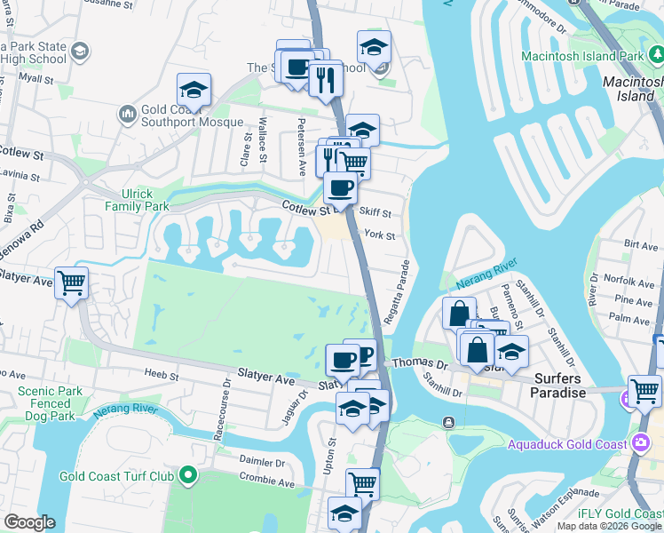 map of restaurants, bars, coffee shops, grocery stores, and more near 1 Fairway Avenue in Southport