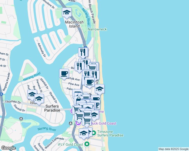 map of restaurants, bars, coffee shops, grocery stores, and more near 2 Ocean Avenue in Surfers Paradise
