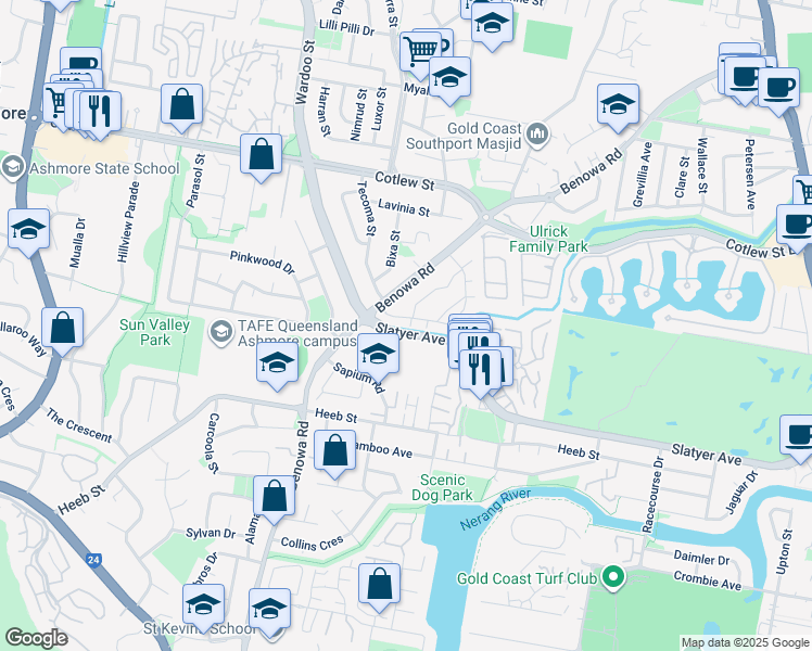 map of restaurants, bars, coffee shops, grocery stores, and more near 128 Benowa Road in Southport