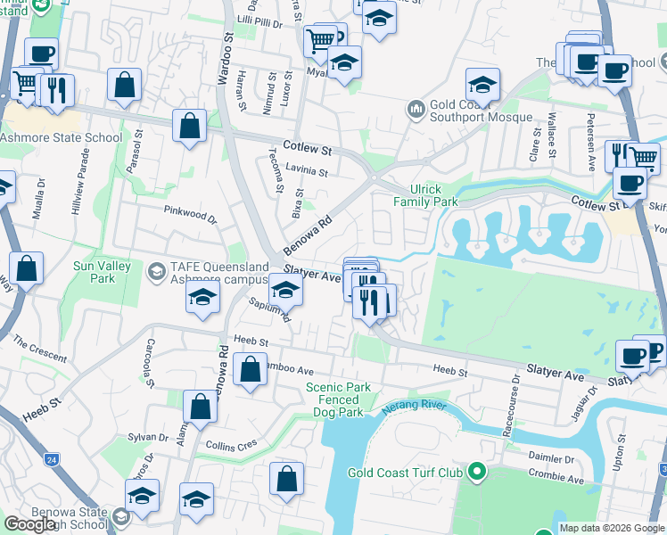 map of restaurants, bars, coffee shops, grocery stores, and more near 128 Benowa Road in Southport