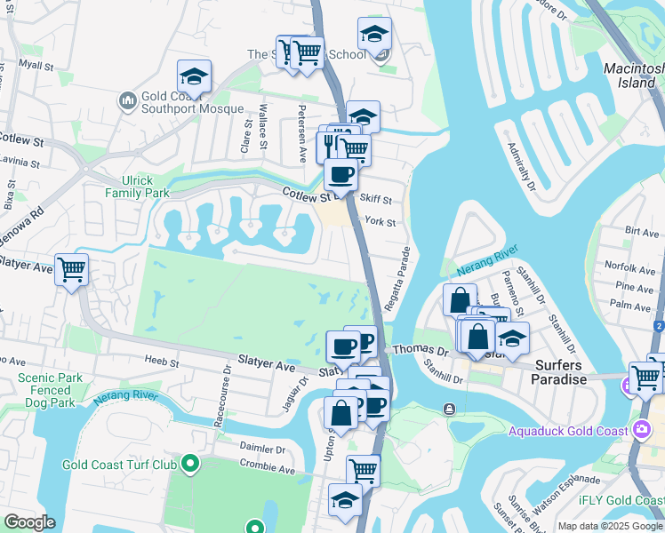 map of restaurants, bars, coffee shops, grocery stores, and more near 8 Bradbrook Street in Southport