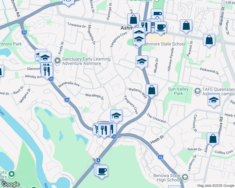 map of restaurants, bars, coffee shops, grocery stores, and more near 9 Milbong Terrace in Ashmore