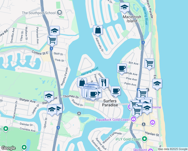 map of restaurants, bars, coffee shops, grocery stores, and more near 120 Stanhill Drive in Surfers Paradise