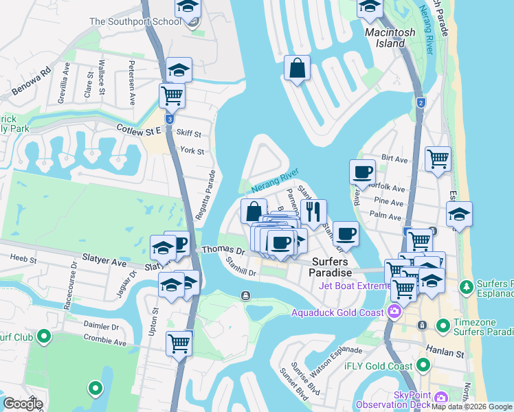 map of restaurants, bars, coffee shops, grocery stores, and more near 142 Stanhill Drive in Surfers Paradise