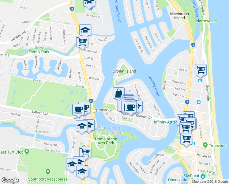 map of restaurants, bars, coffee shops, grocery stores, and more near 158 Stanhill Drive in Surfers Paradise