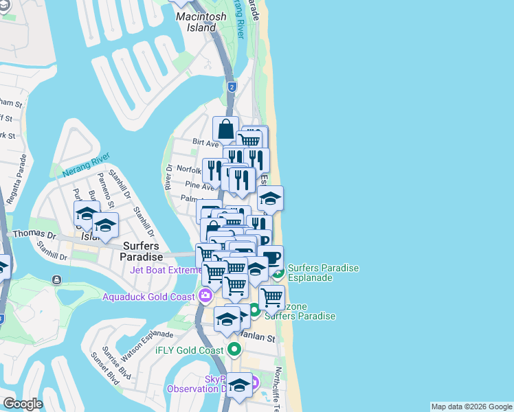 map of restaurants, bars, coffee shops, grocery stores, and more near 84 The Esplanade in Surfers Paradise