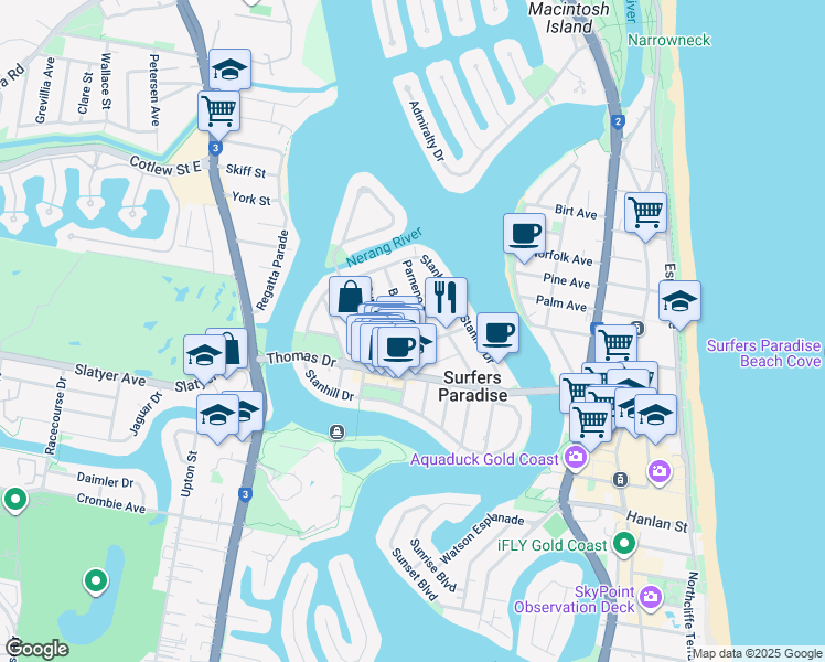 map of restaurants, bars, coffee shops, grocery stores, and more near 25 Burra Street in Surfers Paradise