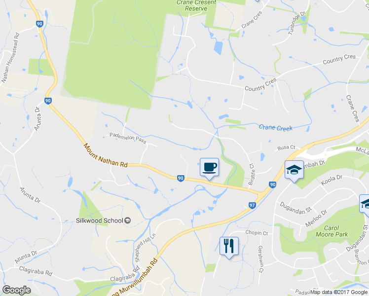 map of restaurants, bars, coffee shops, grocery stores, and more near 68C Mount Nathan Road in Nerang
