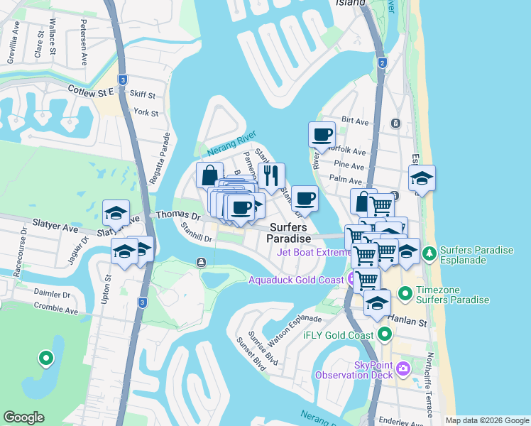 map of restaurants, bars, coffee shops, grocery stores, and more near 9 Adori Street in Surfers Paradise