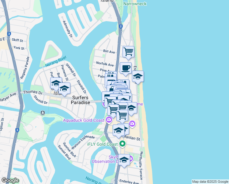 map of restaurants, bars, coffee shops, grocery stores, and more near 73 Ferny Avenue in Surfers Paradise