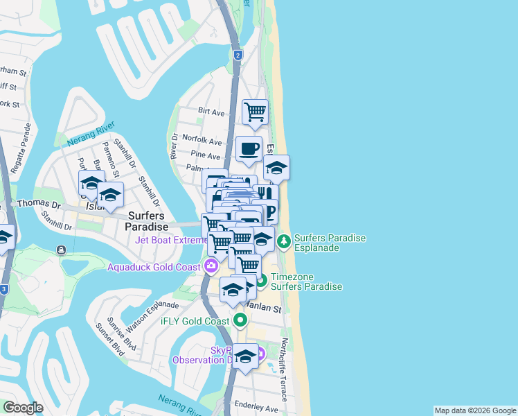 map of restaurants, bars, coffee shops, grocery stores, and more near View Avenue in Surfers Paradise