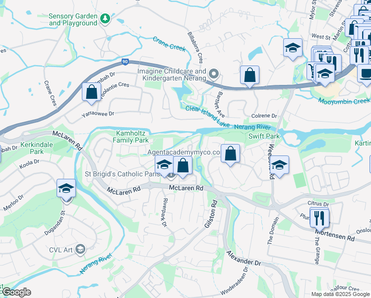map of restaurants, bars, coffee shops, grocery stores, and more near 50 Rivergum Drive in Nerang