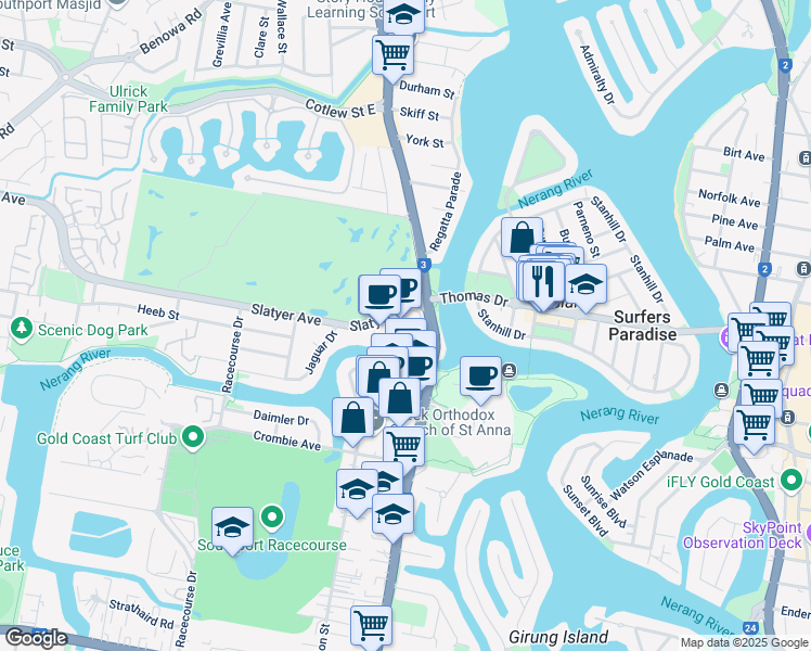 map of restaurants, bars, coffee shops, grocery stores, and more near 1 Corporate Court in Bundall