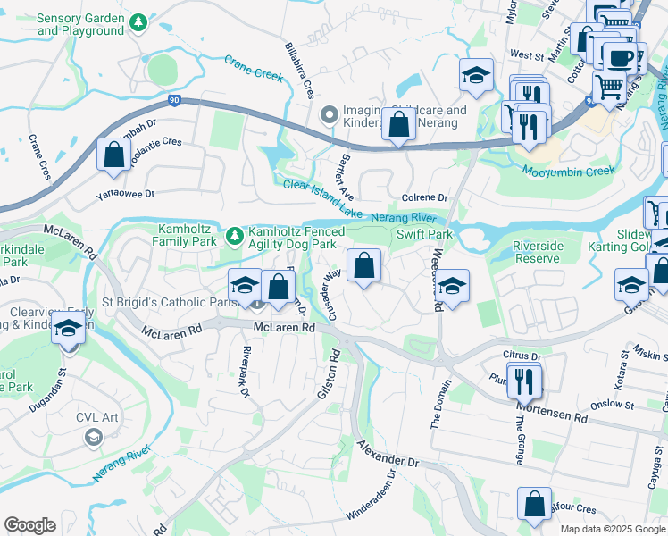 map of restaurants, bars, coffee shops, grocery stores, and more near 1 Pict Court in Nerang