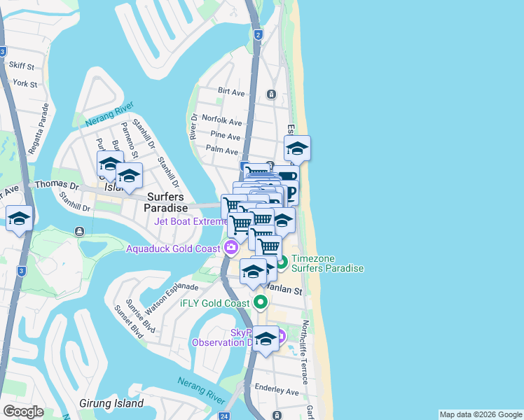 map of restaurants, bars, coffee shops, grocery stores, and more near Elkhorn Avenue in Surfers Paradise