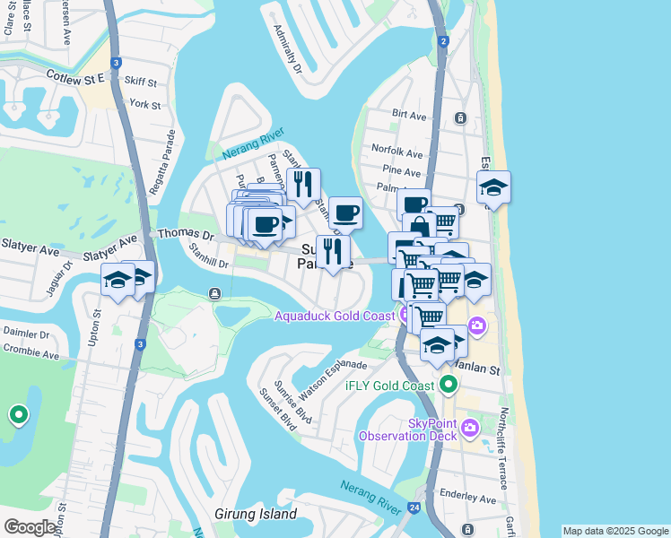 map of restaurants, bars, coffee shops, grocery stores, and more near 26 Stanhill Drive in Surfers Paradise