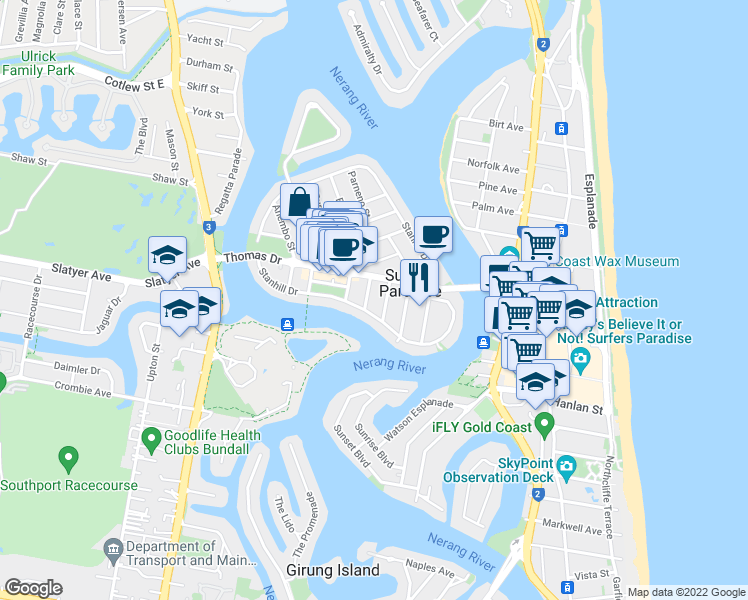 map of restaurants, bars, coffee shops, grocery stores, and more near 5 Parnoo Street in Surfers Paradise
