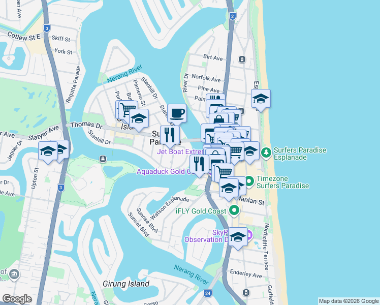 map of restaurants, bars, coffee shops, grocery stores, and more near 29 Tarcoola Crescent in Surfers Paradise