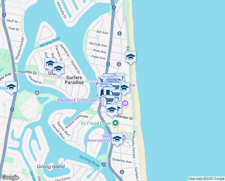 map of restaurants, bars, coffee shops, grocery stores, and more near 3240 Surfers Paradise Boulevard in Surfers Paradise