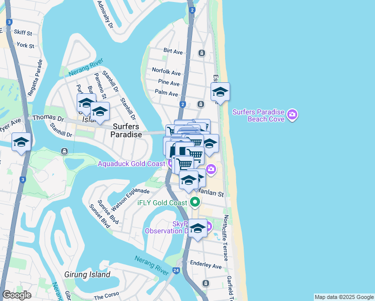 map of restaurants, bars, coffee shops, grocery stores, and more near 23 Ferny Avenue in Surfers Paradise