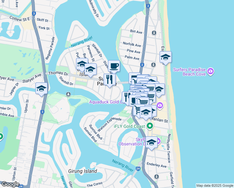 map of restaurants, bars, coffee shops, grocery stores, and more near 18 Tarcoola Crescent in Surfers Paradise