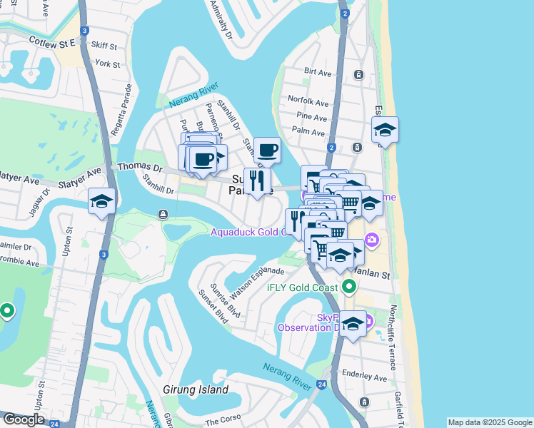 map of restaurants, bars, coffee shops, grocery stores, and more near 9 Stanhill Drive in Surfers Paradise