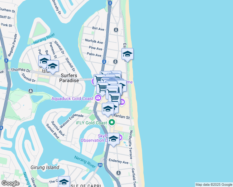 map of restaurants, bars, coffee shops, grocery stores, and more near 18 Orchid Avenue in Surfers Paradise