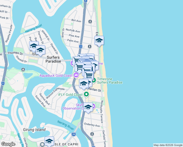 map of restaurants, bars, coffee shops, grocery stores, and more near 18 Orchid Avenue in Surfers Paradise