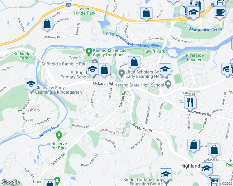 map of restaurants, bars, coffee shops, grocery stores, and more near 1 Abete Court in Nerang