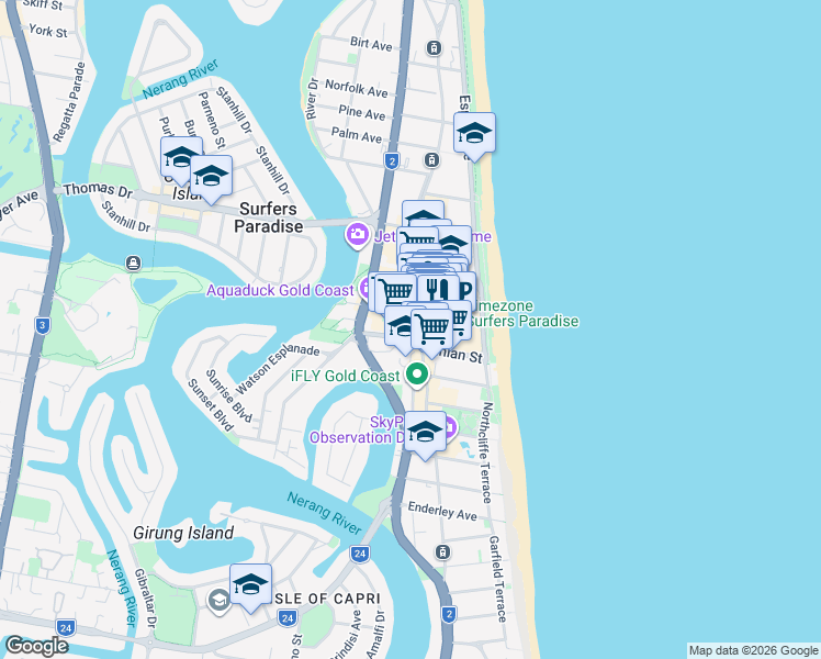 map of restaurants, bars, coffee shops, grocery stores, and more near Surfers Paradise Boulevard in Surfers Paradise