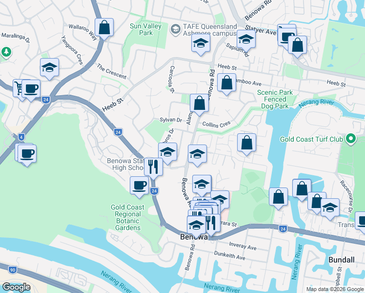 map of restaurants, bars, coffee shops, grocery stores, and more near 77 Lambros Drive in Benowa