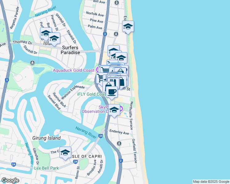 map of restaurants, bars, coffee shops, grocery stores, and more near 3049 Surfers Paradise Boulevard in Surfers Paradise