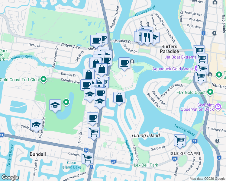 map of restaurants, bars, coffee shops, grocery stores, and more near 10 Crombie Avenue in Surfers Paradise