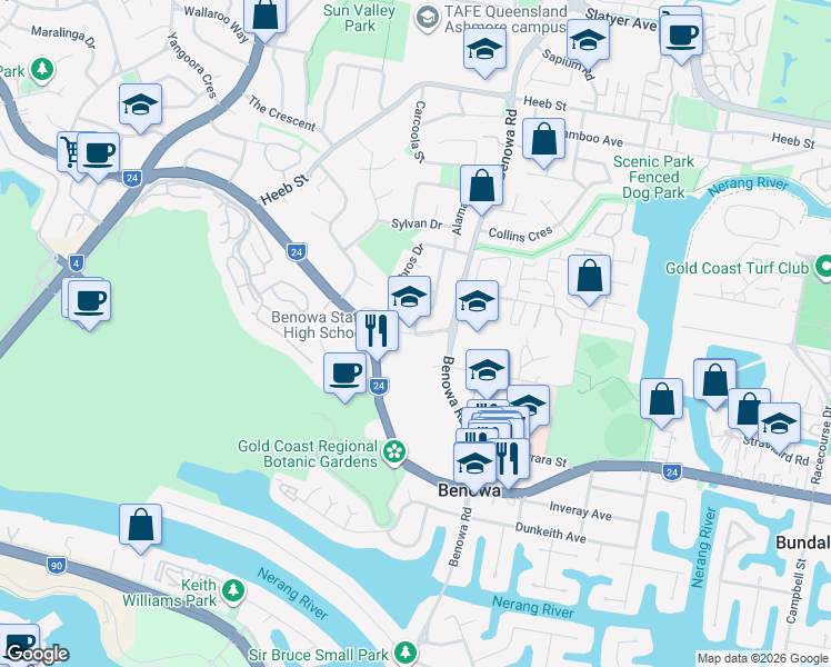 map of restaurants, bars, coffee shops, grocery stores, and more near Mediterranean Drive in Benowa
