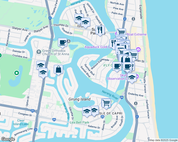 map of restaurants, bars, coffee shops, grocery stores, and more near 18 Sunrise Boulevard in Surfers Paradise