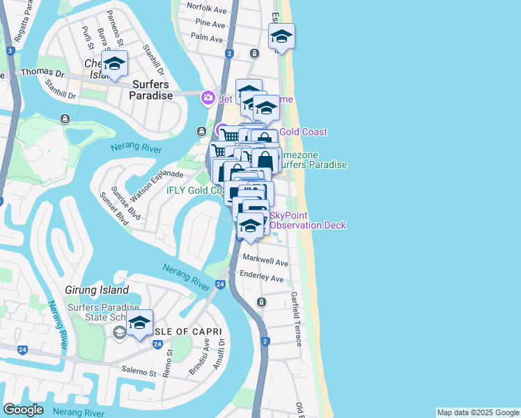 map of restaurants, bars, coffee shops, grocery stores, and more near Laycock Street in Surfers Paradise