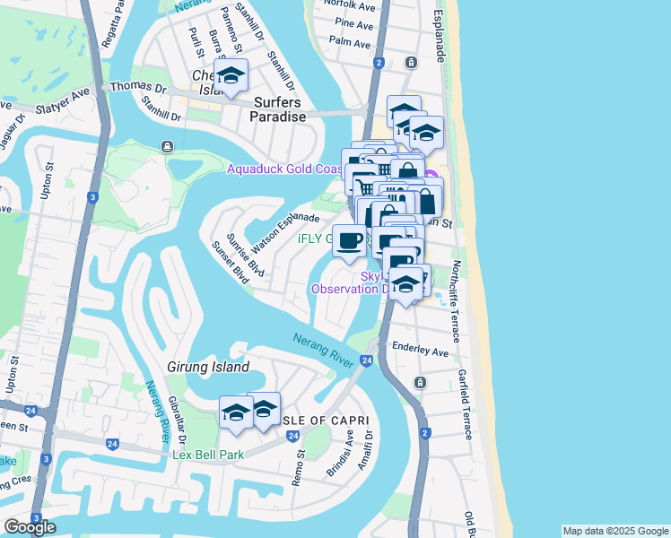 map of restaurants, bars, coffee shops, grocery stores, and more near 12 Paradise Island in Surfers Paradise