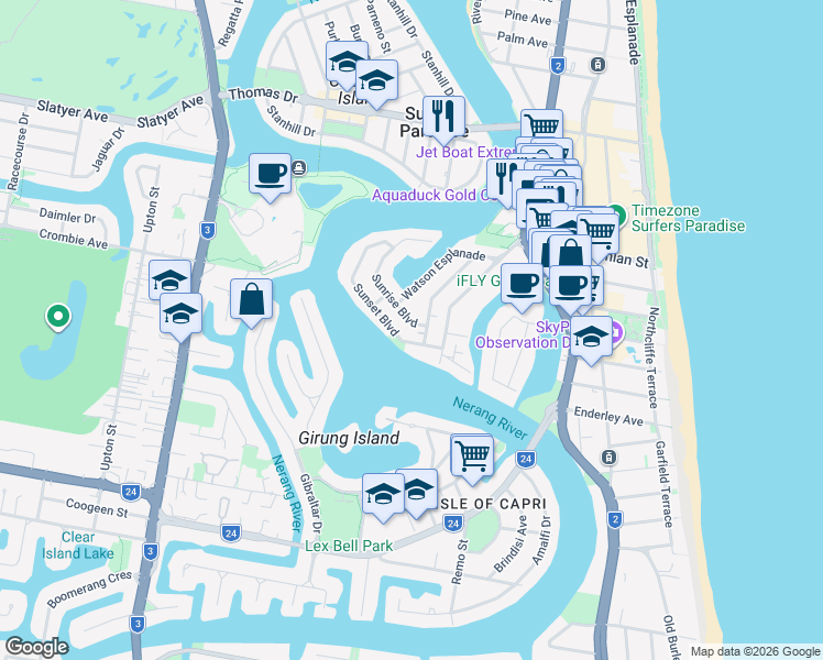 map of restaurants, bars, coffee shops, grocery stores, and more near 6 Sunrise Boulevard in Surfers Paradise