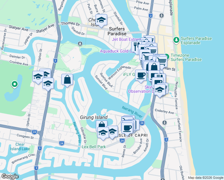 map of restaurants, bars, coffee shops, grocery stores, and more near 7 Sunset Boulevard in Surfers Paradise