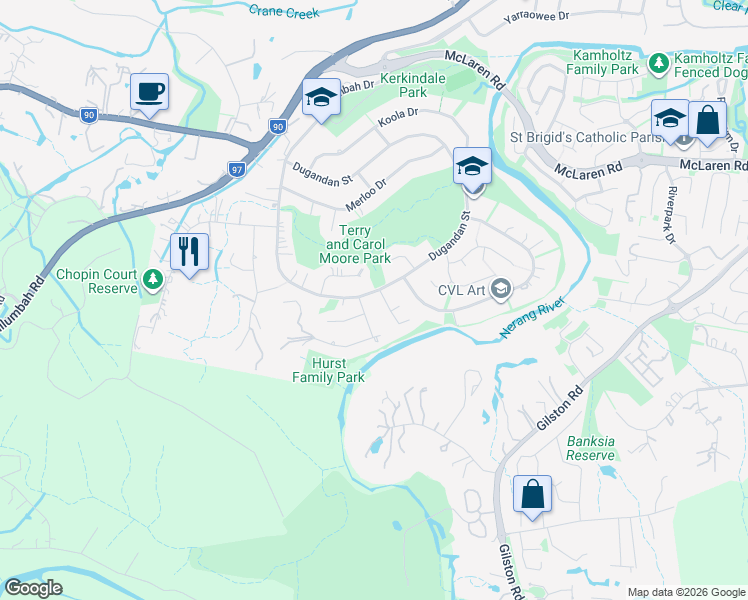 map of restaurants, bars, coffee shops, grocery stores, and more near 134 Dugandan Street in Nerang