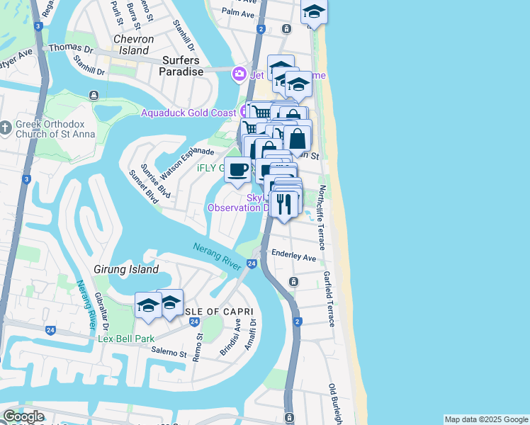 map of restaurants, bars, coffee shops, grocery stores, and more near 34 Remembrance Drive in Surfers Paradise