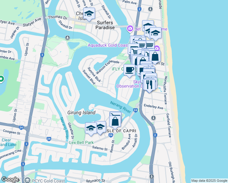 map of restaurants, bars, coffee shops, grocery stores, and more near 7 Holborow Close in Surfers Paradise